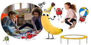 Freche Freunde - Indoor-Aktivitäten - Kinder spielen Twister, Bob Banane mit Hantel, Kind springt mit Himbeerbande Trampolin
