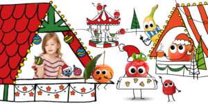 Freche Freunde - Indoor-Aktivitäten - Kind im Weihnachtskugelstand, Edda Erdbeere verteilt Plätzchen, Peggy Pfirsich gibt Punsch aus